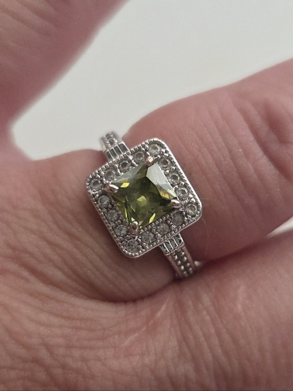Sterling Silver Square Halo Ring with Olive Green Gem